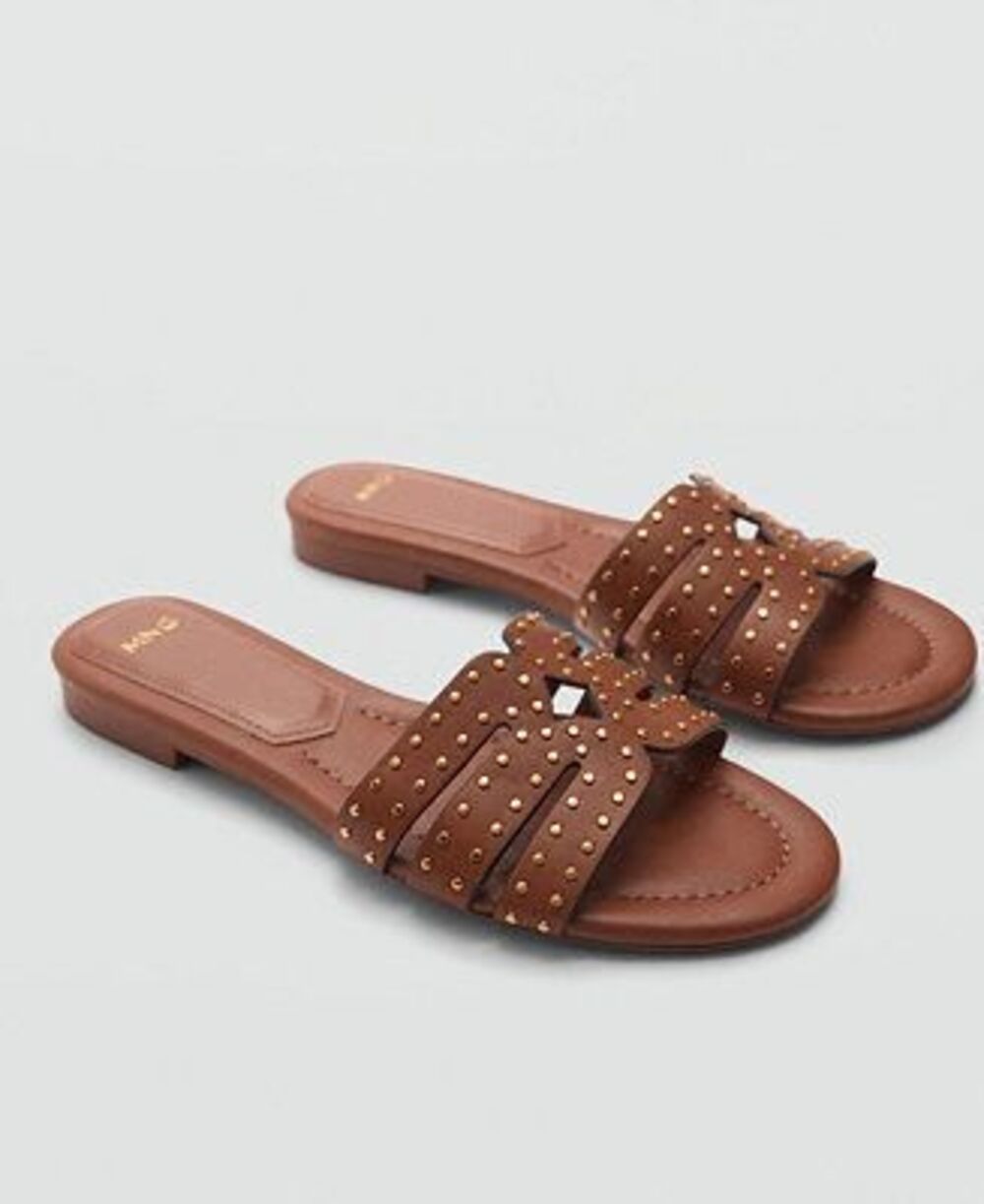 MNG Mango Beaded Strap Slide Sandals Cognac Brown Size 37 NEW